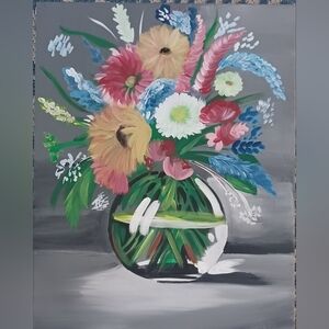 Bright Garden Bouquet Painting in Glass Vase Original Acrylic